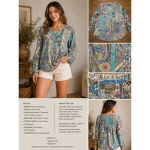 Ninety Clothing Co Boho Patchwork Paisley Blouse Womens Small Blue Floral Top